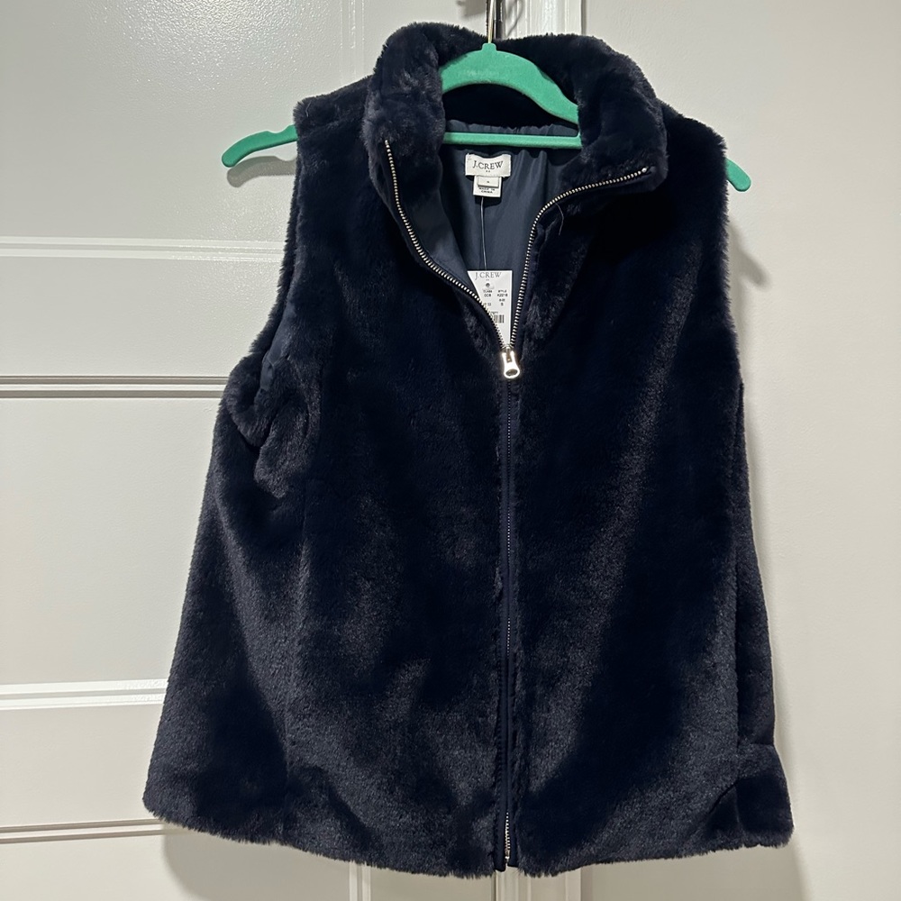 NWT J. Crew Navy Faux Fur Vest Small